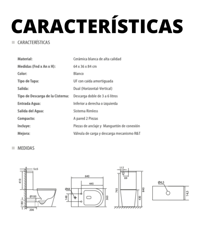 Pack inodoro compacto Rimless + cisterna + bidé compacto PARIS