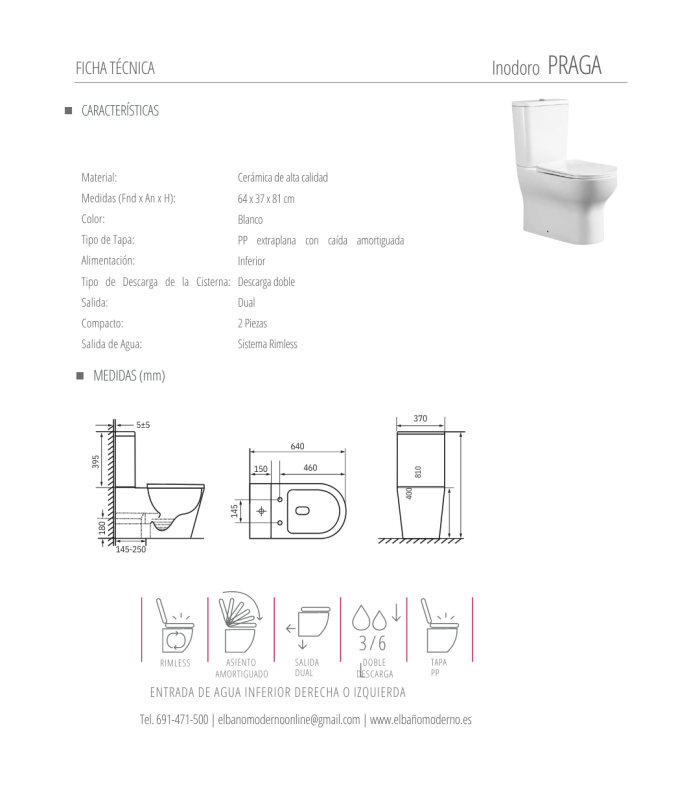 Pack WC inodoro completo PRAGA| Compuesto por cisterna con mecanismo ECO, taza BTW rimless y asiento con tapa amortiguada