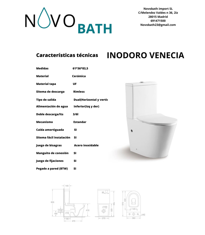 Inodoro VENECIA Pack WC  Compacto Blanco con Sistema Rimless, Diseño Moderno Tapa con caida amortiguada, Salida Dual Eficiente