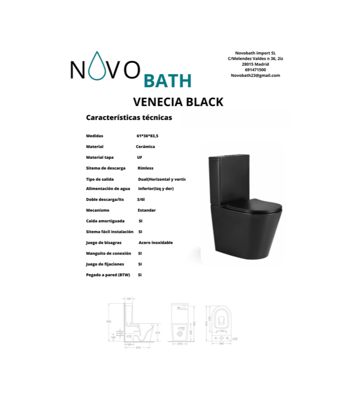 Inodoro VENECIA BLACK Compacto. Mecanismo ECO 3/6. Salida Dual.Asiento en UF. Sistema Rimless.