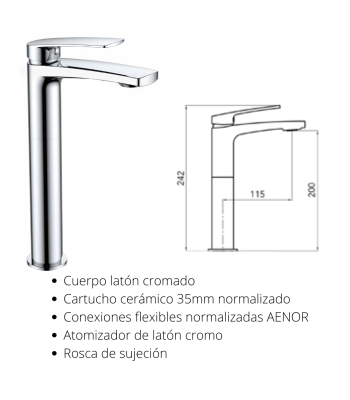 Monomando para  lavabo de caño alto 242mm Malibú, cuerpo en latón cromo, cartucho cerámico de 35mm