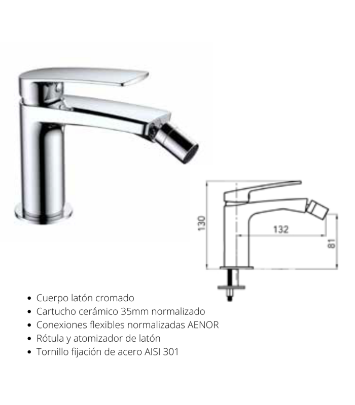 Mnomando para bidet Malibú, acabado cromo, cartucho cerámico de 35mm