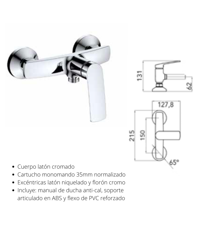 Monomando para ducha Malibú. Incluye soporte articulado y flexo reforzado de PVC