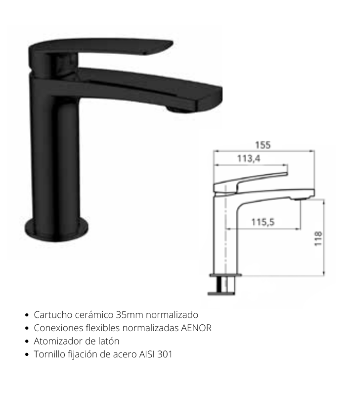 Monomando para  lavabo 118mm Malibú, cuerpo en latón NEGRO, cartucho cerámico de 35mm