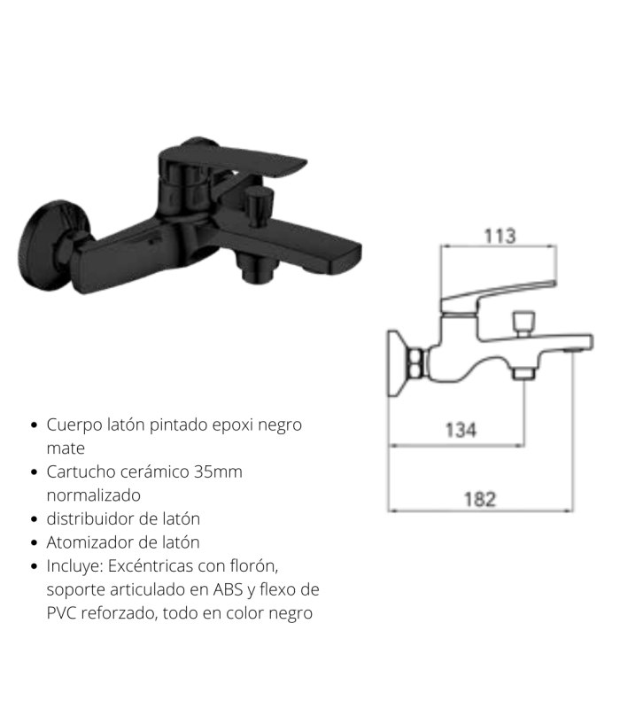 Monomando para baño y ducha NEGRO Malibú. Incluye soporte articulado y flexo reforzado de PVC