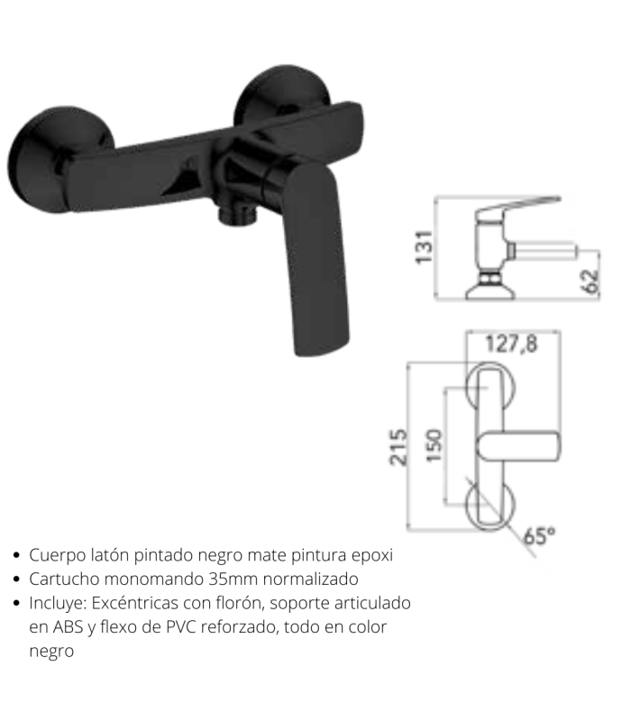 Monomando para ducha NEGRO Malibú. Incluye soporte articulado y flexo reforzado de PVC