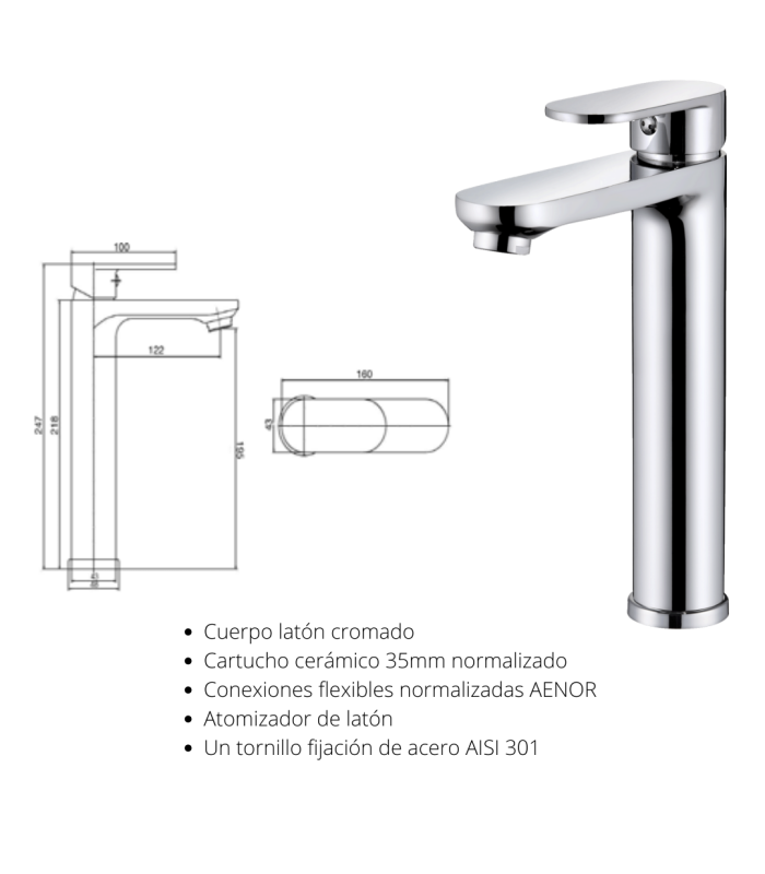 Grifería para lavabo de caño alto 218mm Paris, acabado cromo con cartucho cerámico 35mm