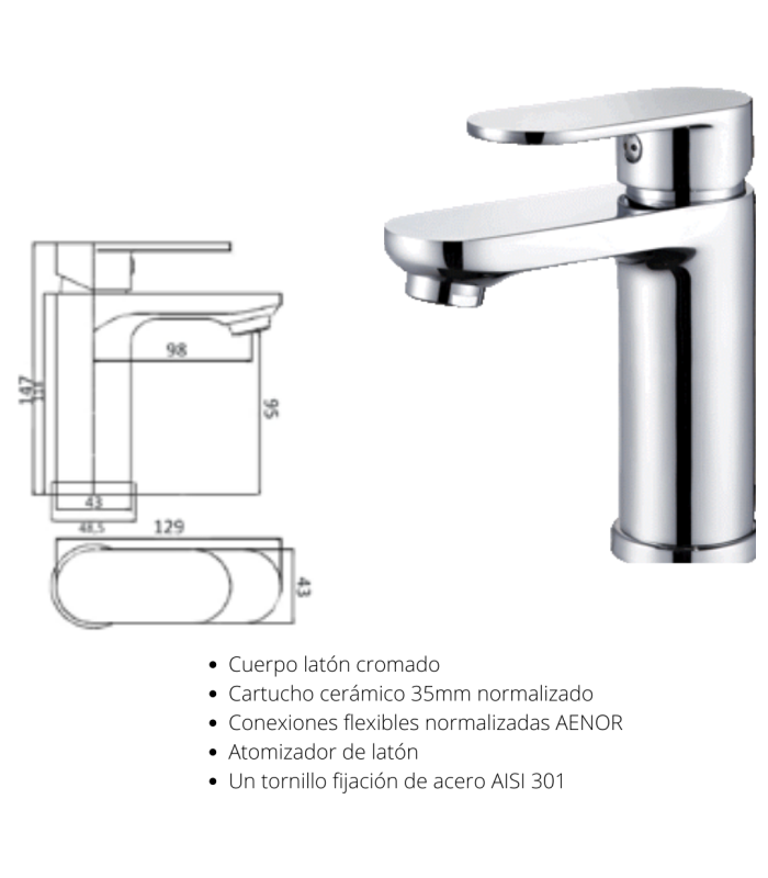 Grifería monomando para lavabo Paris, acabado cromo con cartucho cerámico 35mm