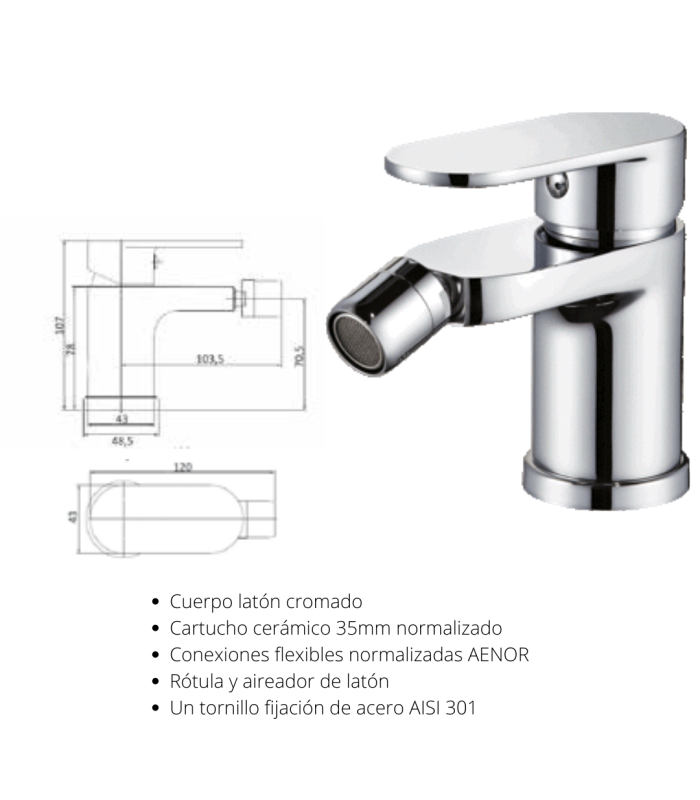 Grfería monomando para bidé acabado cromo modelo Paris, con cartucho cerámico de 35mm