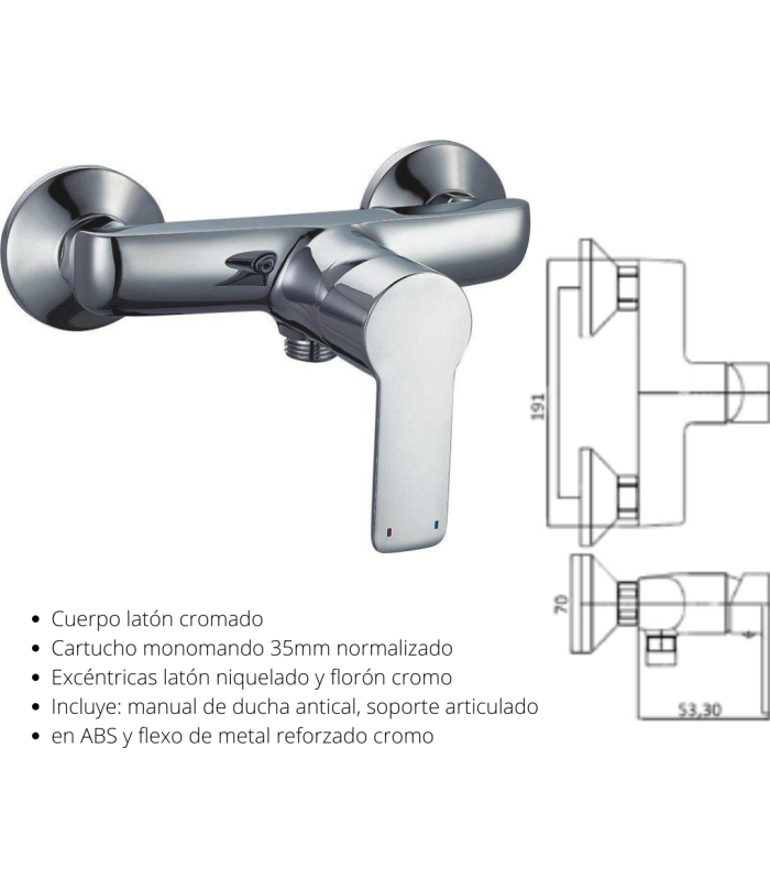 Kit de grifería monomando para  ducha Paris, incluye flexo  de metal reforzado y soporte articulado