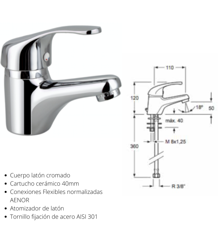 Grifería monomando para lavabo cromo modelo Cadiz, cartucho cerámico 40mm