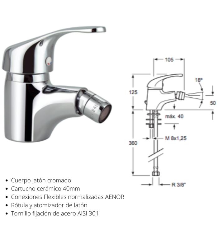 Grferá monomando para bidé cromado Cadiz, cartucho cerámico 40mm