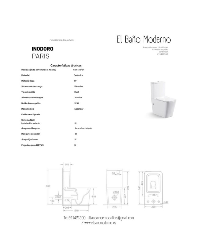 Inodoro PARIS Compacto de Dos Piezas  Diseño  Moderno. Mecanismo Economizador 3/6. Salida Dual. Asiento en ABS, Rimless.