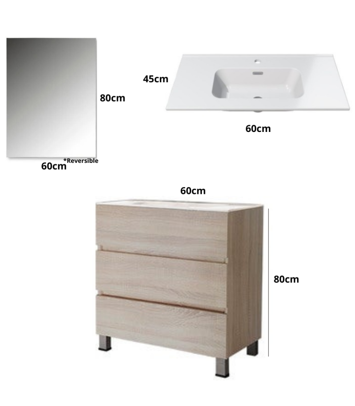 Mueble de baño en conjunto Venecia, dos colores disponibles incluye encimera de porcelana y espejo 3 cajones