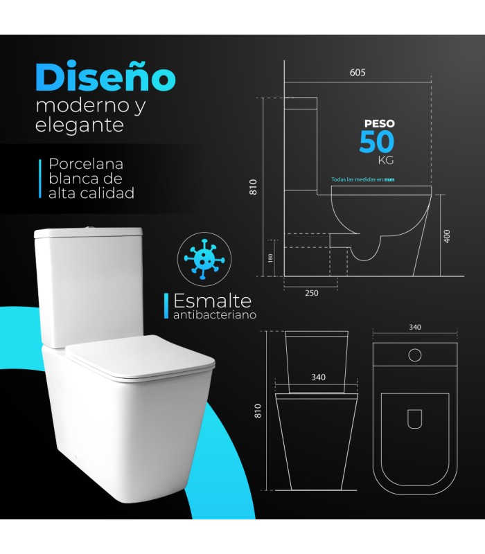 Pack Inodoro completo compact square rimless blanco con tapa amortiguada UF