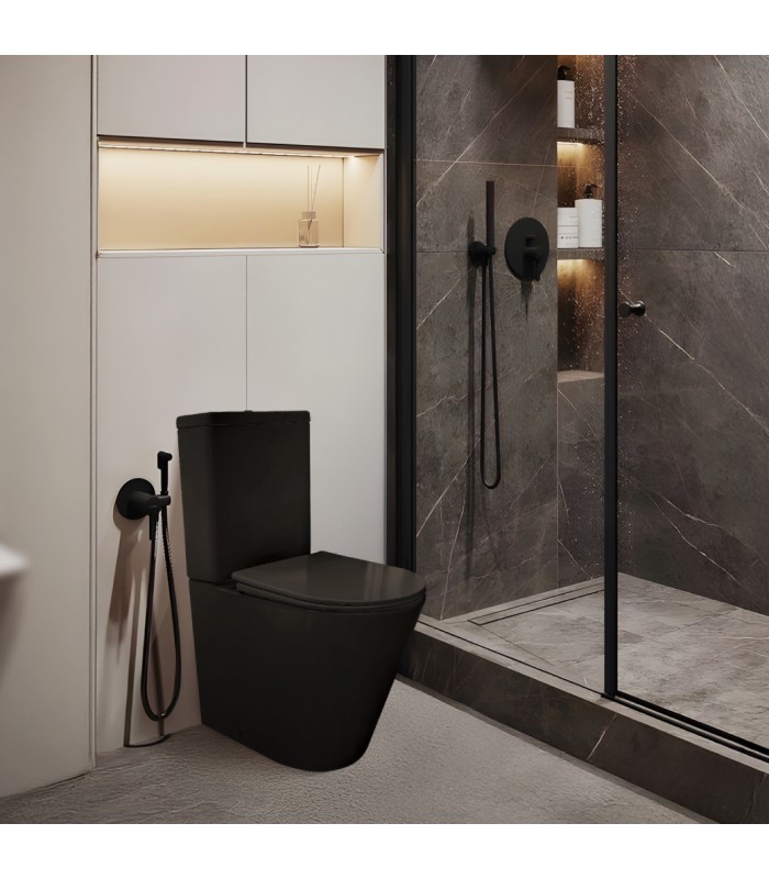 Inodoro completo compacto negro Round black rimless Pack inodoro fabricado en porcelana negra con tapa amortiguada UF