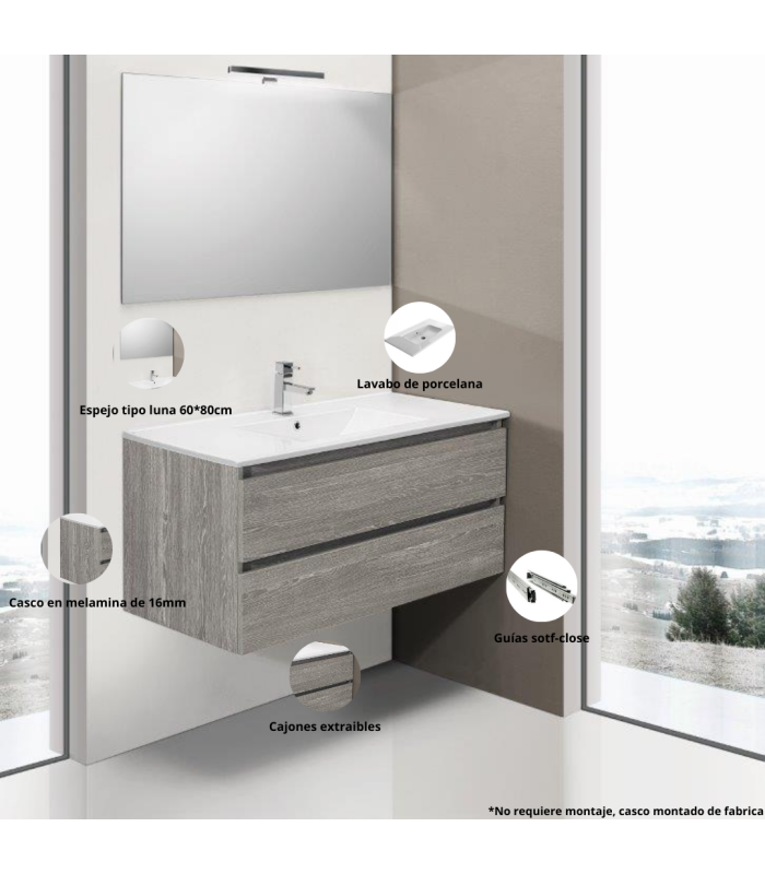Mueble de baño en conjunto Venecia, dos colores disponibles incluye encimera de porcelana y espejo 2 cajones