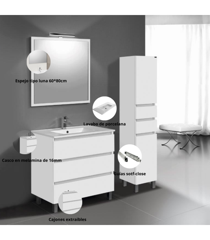 Mueble de baño en conjunto Venecia, dos colores disponibles incluye encimera de porcelana y espejo 3 cajones