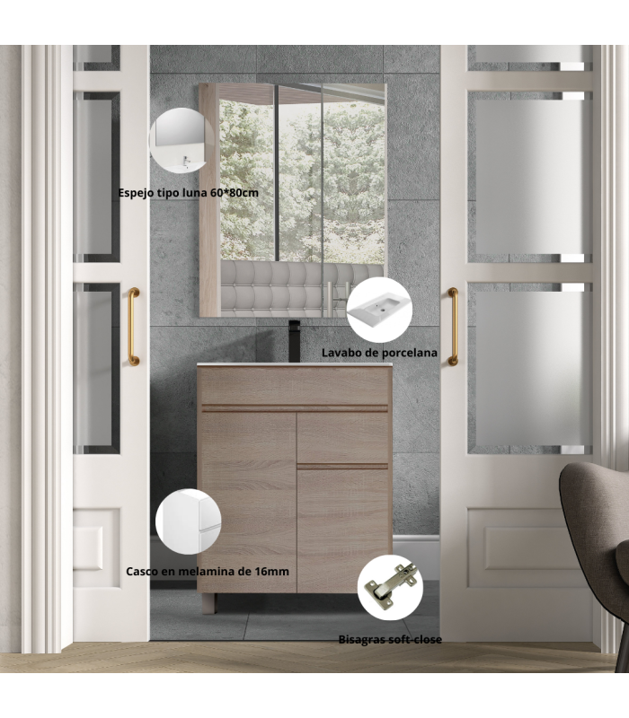 Mueble de baño en conjunto Praga, dos colores disponibles incluye encimera de porcelana y espejo