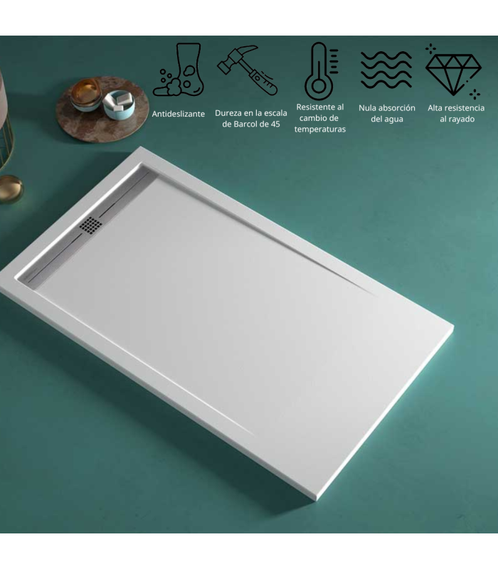 Plato de ducha de resina Lime | Textura lisa | carga mineral válvula y rejilla incluida