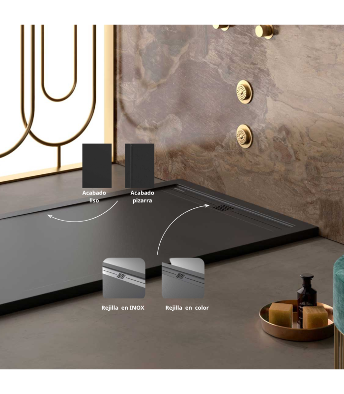 Plato de ducha de resina Lime | Textura lisa | carga mineral válvula y rejilla incluida