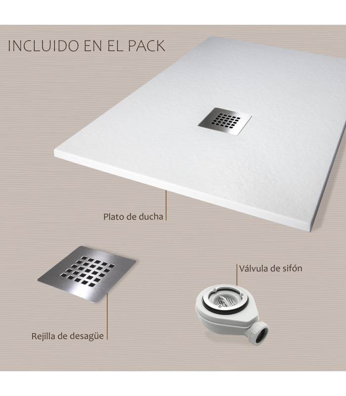 Plato de ducha Rota | Textura pizarra | carga mineral válvula y rejilla incluida