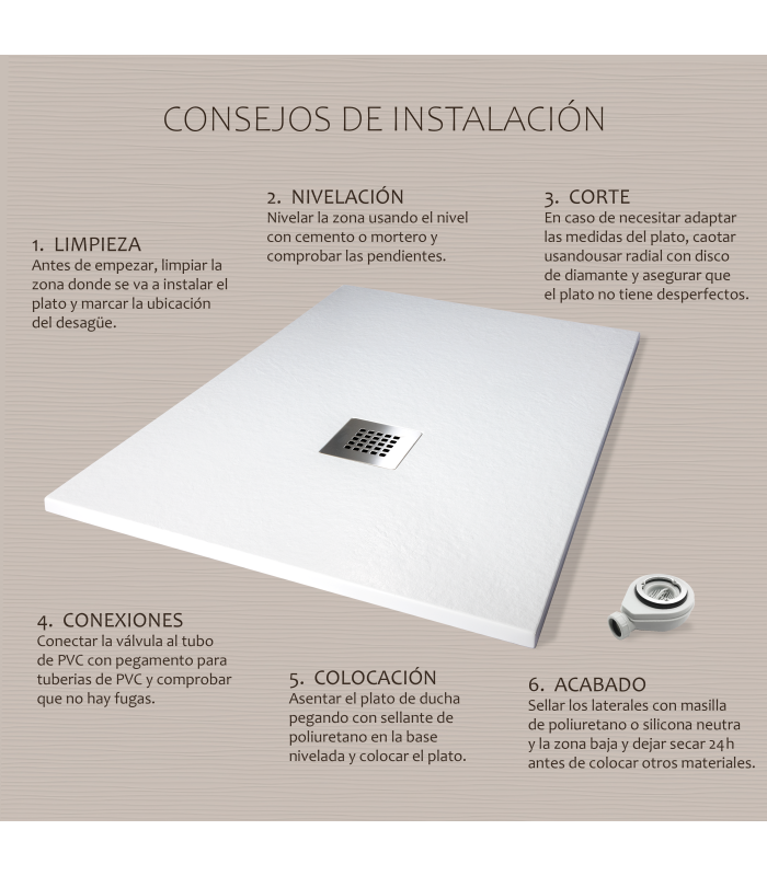 Plato de ducha Rota | Textura pizarra | carga mineral válvula y rejilla incluida