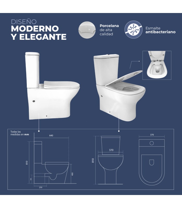 Pack Inodoro completo compacto con rimles y tapa amor en UF. Doble descarga