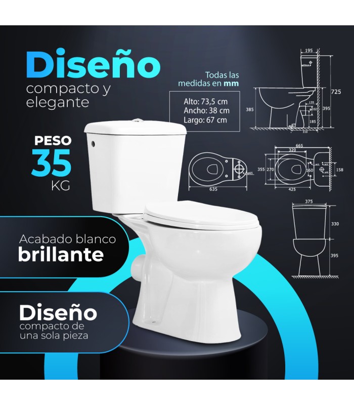 Pack Inodoro salida horizontal con mecanismo, tapa con asiento y fijaciones