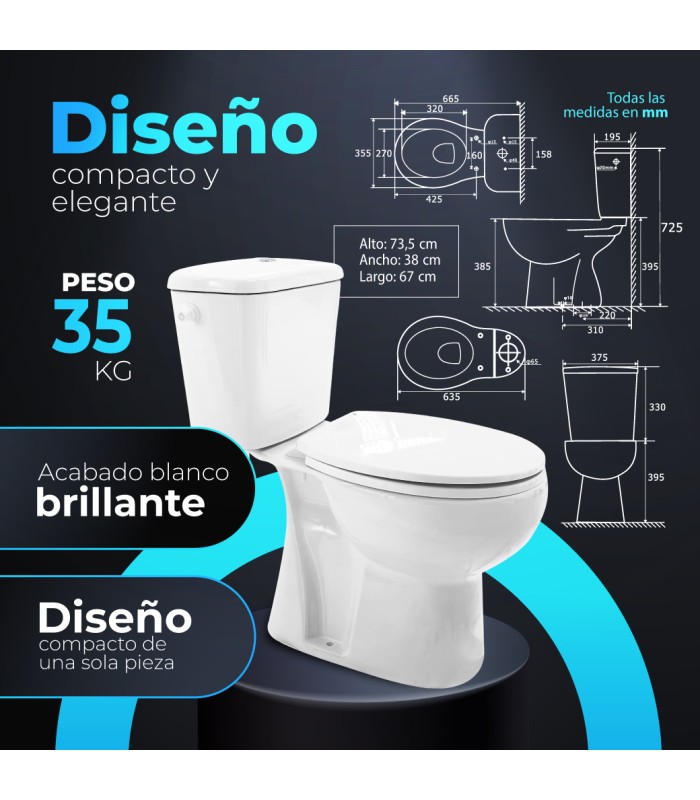 Pack Inodoro salida vertical con mecanismo, tapa con asiento y fijaciones