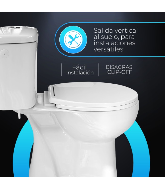 Pack Inodoro salida vertical con mecanismo, tapa con asiento y fijaciones