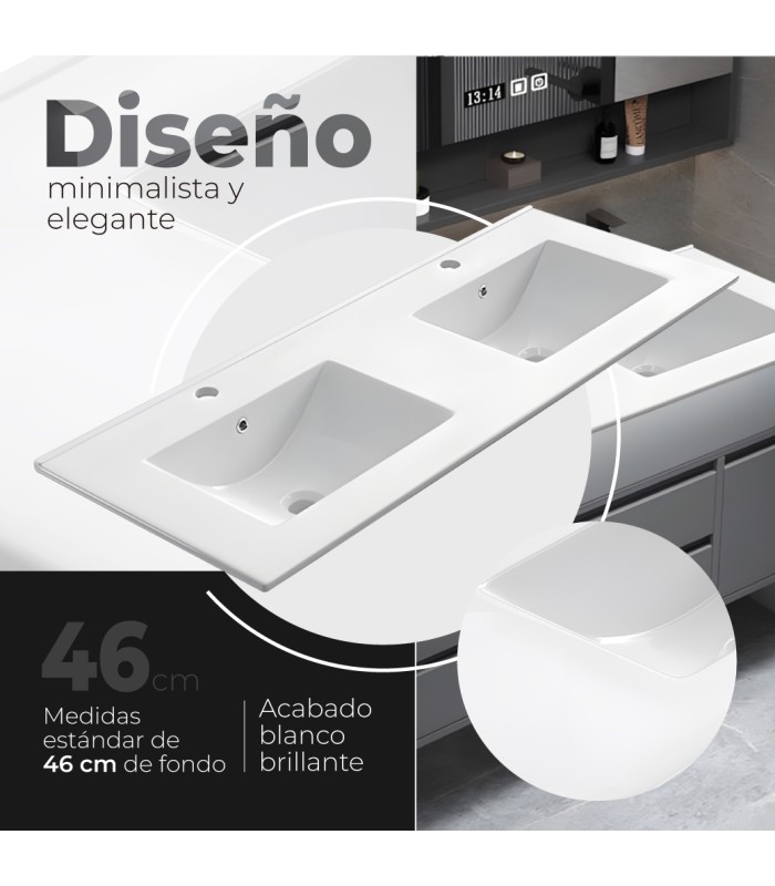 Encimera de porcelana blanca con dos senos de 120 cm