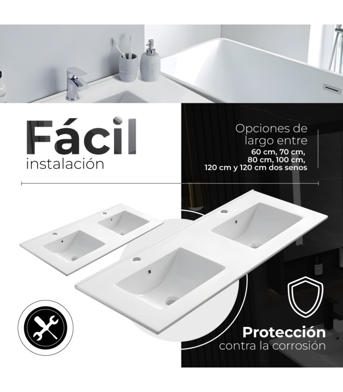 Encimera de porcelana blanca con dos senos de 120 cm