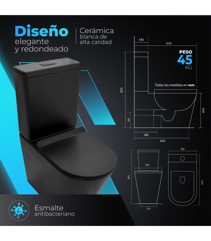 Inodoro VENECIA BLACK Compacto. Mecanismo ECO 3/6. Salida Dual.Asiento en UF. Sistema Rimless.
