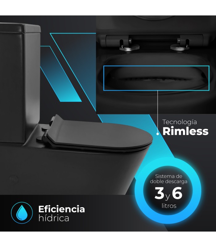 Inodoro VENECIA BLACK Compacto. Mecanismo ECO 3/6. Salida Dual.Asiento en UF. Sistema Rimless.