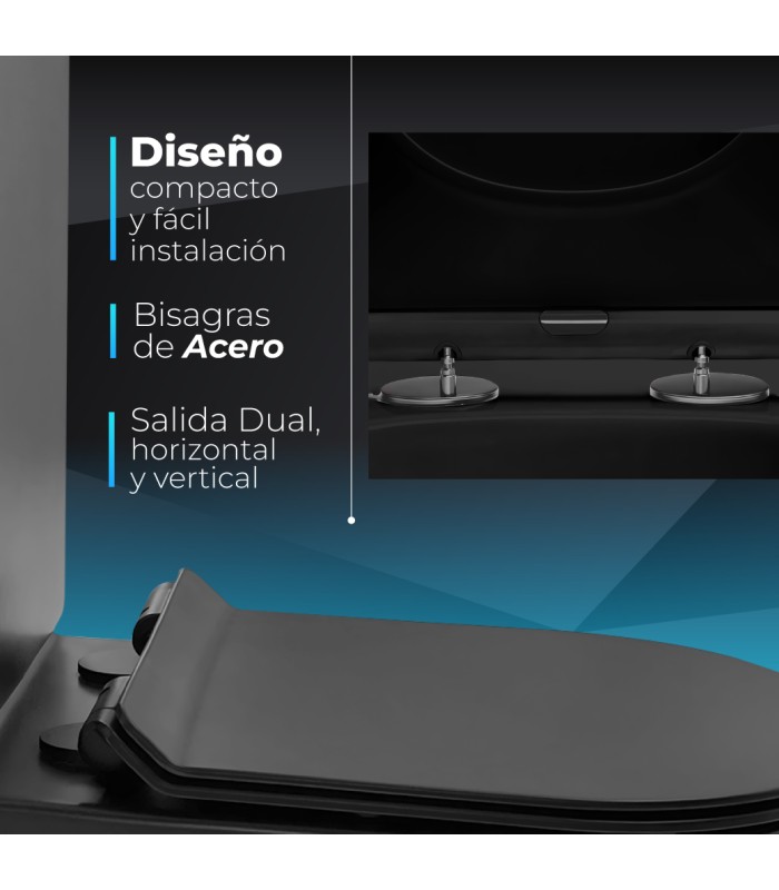 Inodoro VENECIA BLACK Compacto. Mecanismo ECO 3/6. Salida Dual.Asiento en UF. Sistema Rimless.