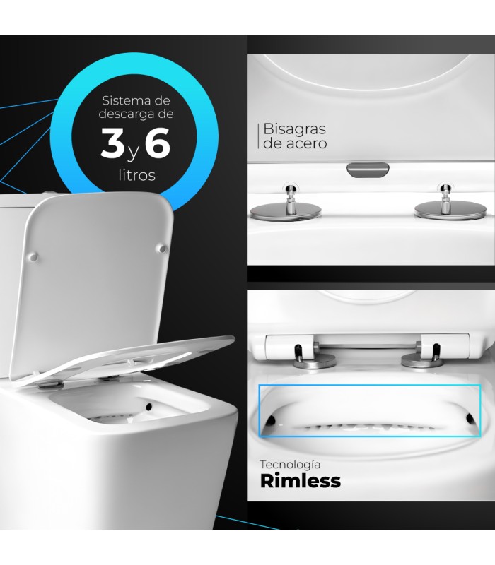 Inodoro PARIS Compacto de Dos Piezas  Diseño  Moderno. Mecanismo Economizador 3/6. Salida Dual. Asiento en ABS, Rimless.