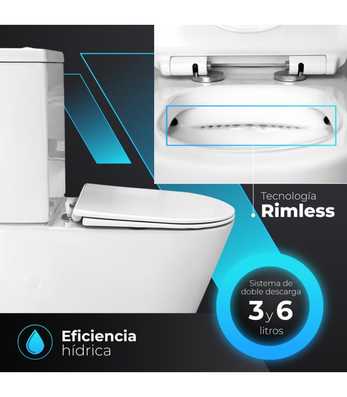 Inodoro VENECIA Pack WC  Compacto Blanco con Sistema Rimless, Diseño Moderno Tapa con caida amortiguada, Salida Dual Eficiente