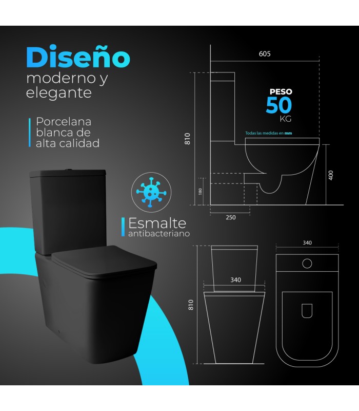 Inodoro PARIS BLACK Compacto. Mecanismo ECO 3/6. Salida Dual.Asiento en UF. Sistema Rimless.