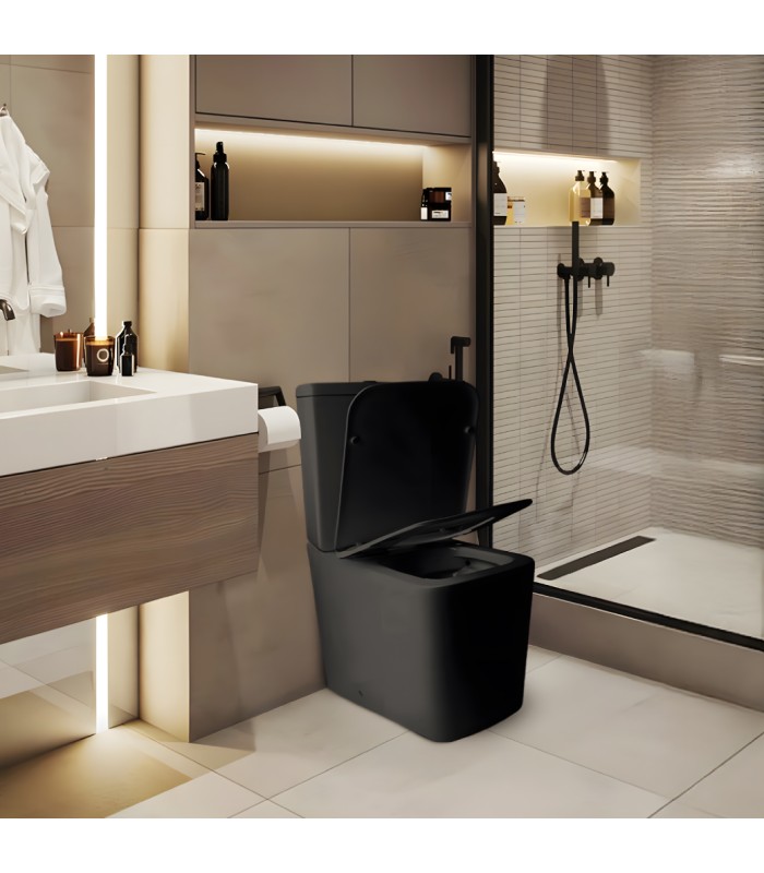 Inodoro PARIS BLACK Compacto. Mecanismo ECO 3/6. Salida Dual.Asiento en UF. Sistema Rimless.